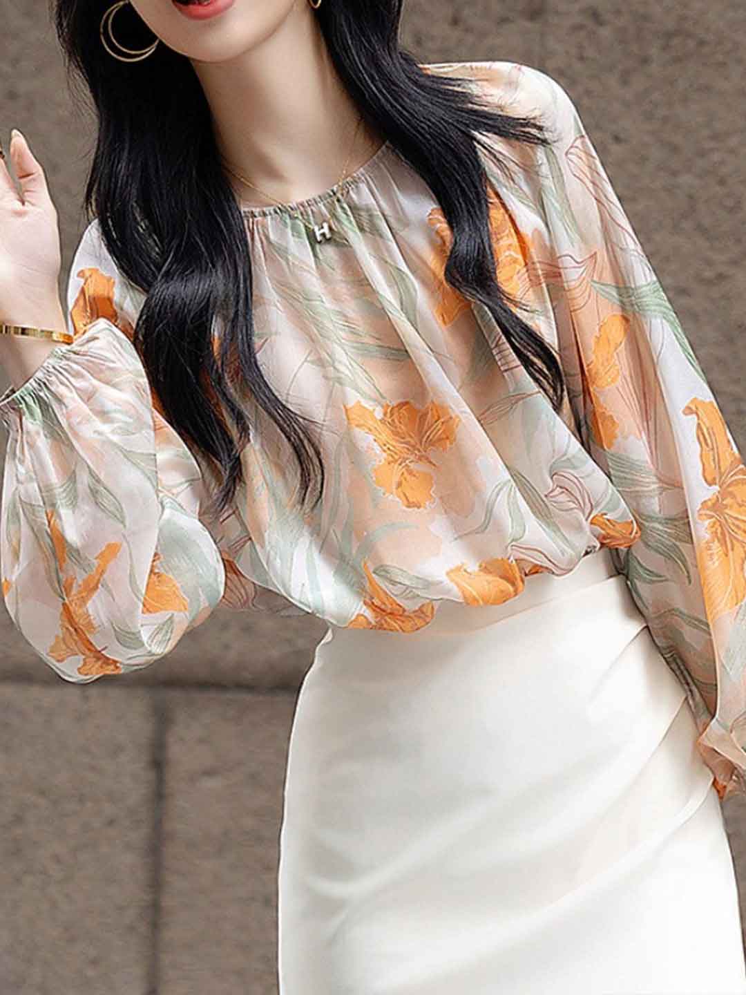 Caroline Elegant Crew Neck Printed Chiffon Shirt