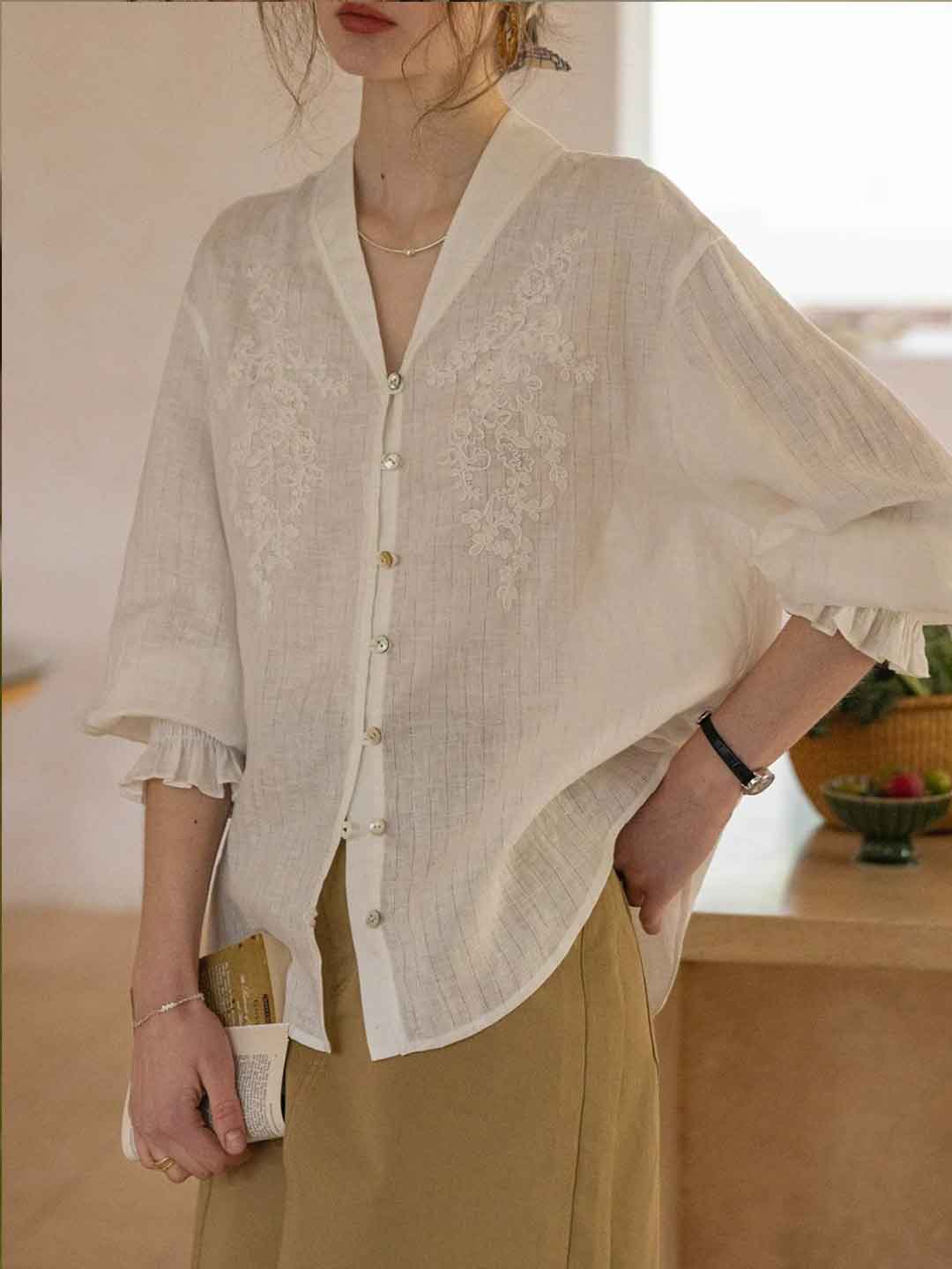 Zoe Loose V-Neck Jacquard Textured Shirt
