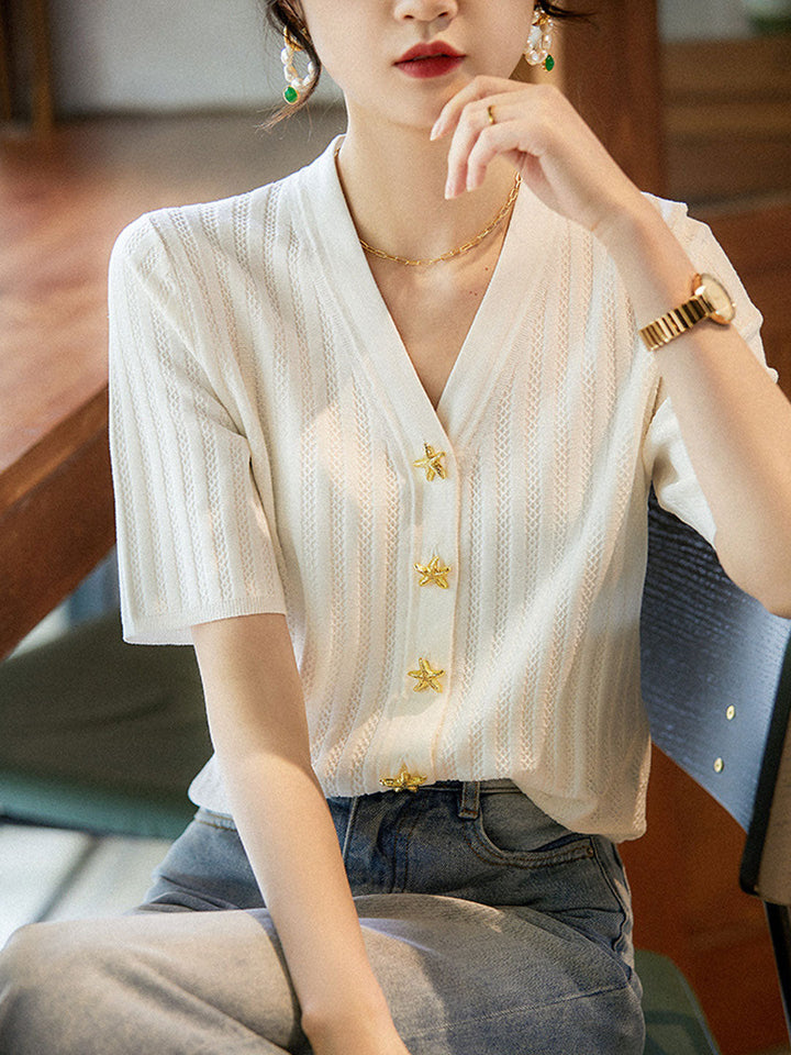 Jessica V-Neck Vertical Striped Knitted Cardigan