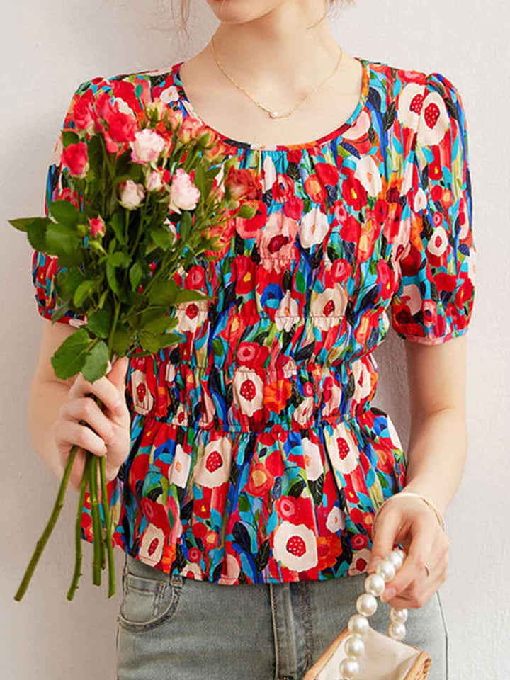Ava Vacation Crew Neck Puff Sleeve Floral Printed Top