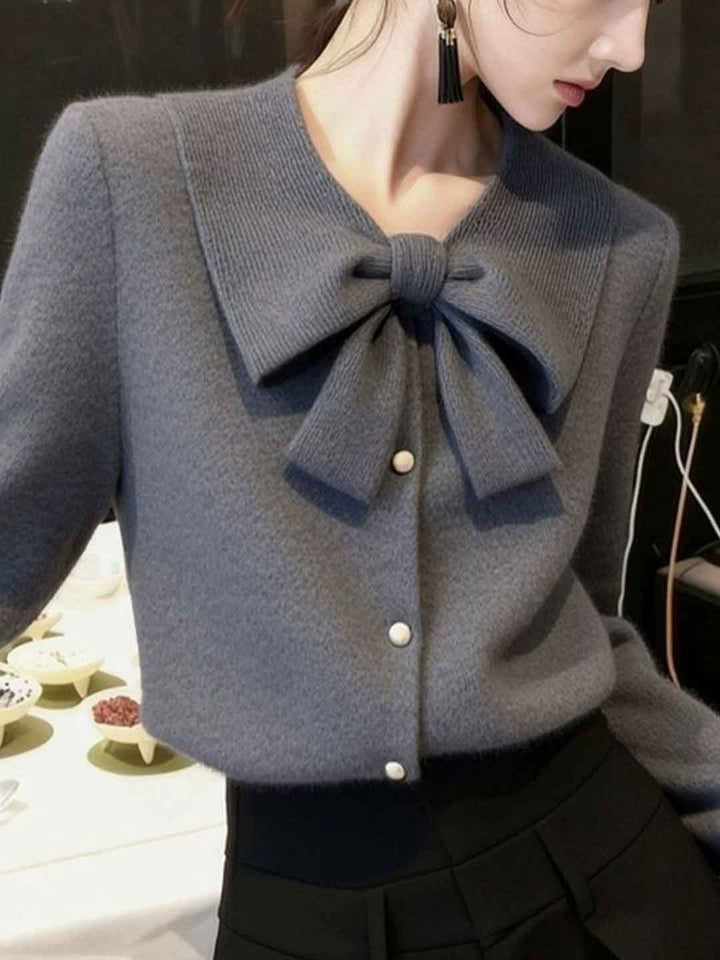 Natalie Elegant Lapel Solid Color Bow Knitted Sweater