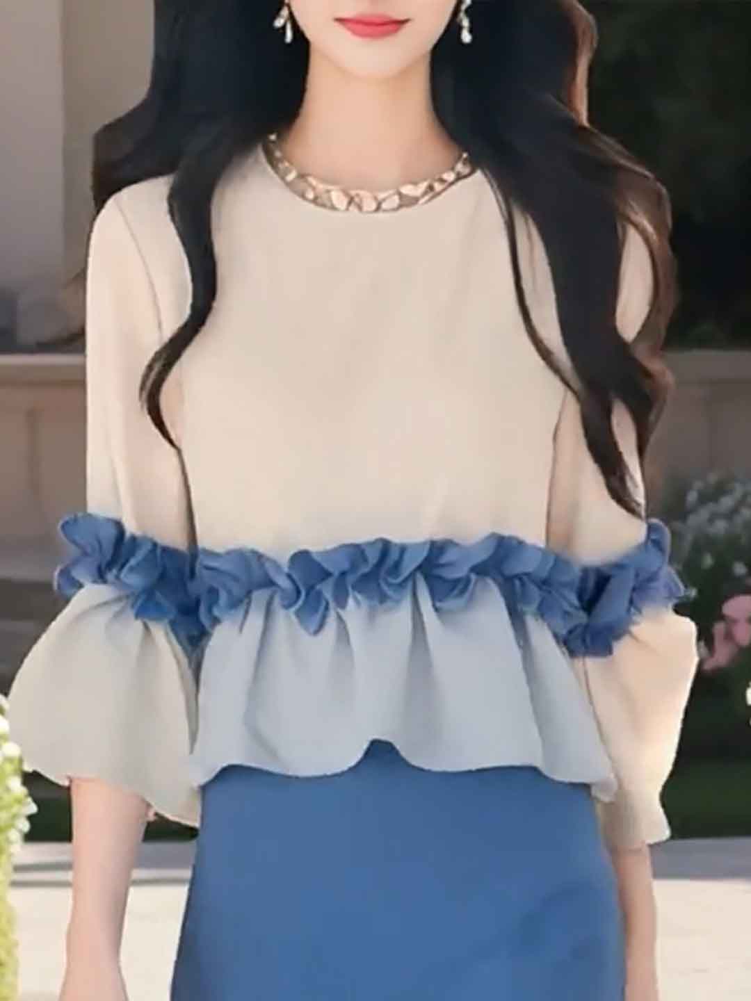 Julia Classic Crew Neck Ruffle Patchwork Top