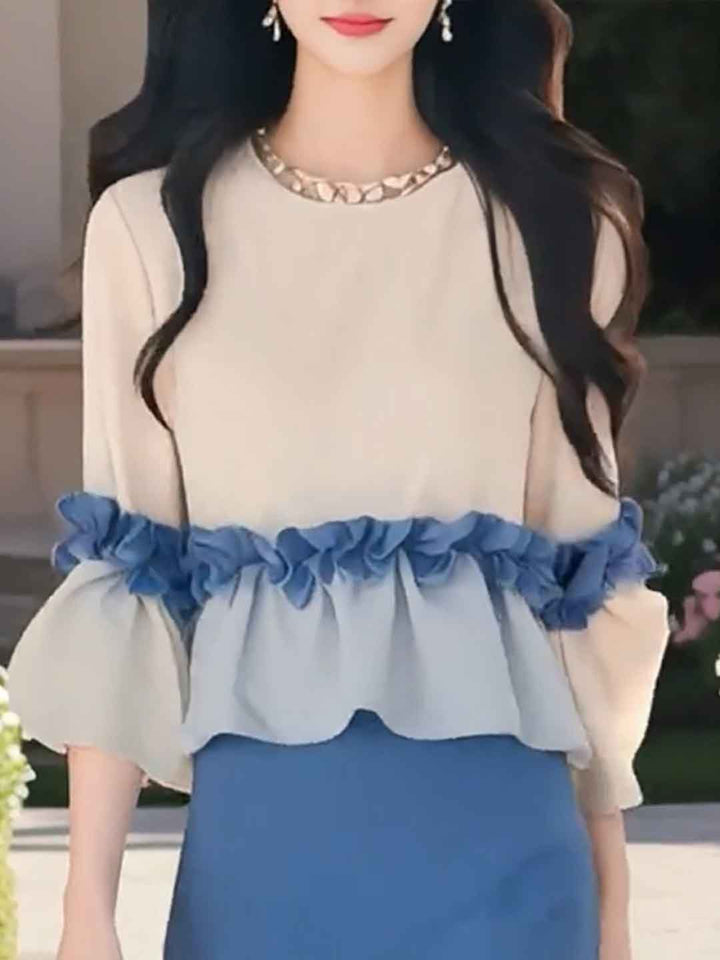 Julia Classic Crew Neck Ruffle Patchwork Top