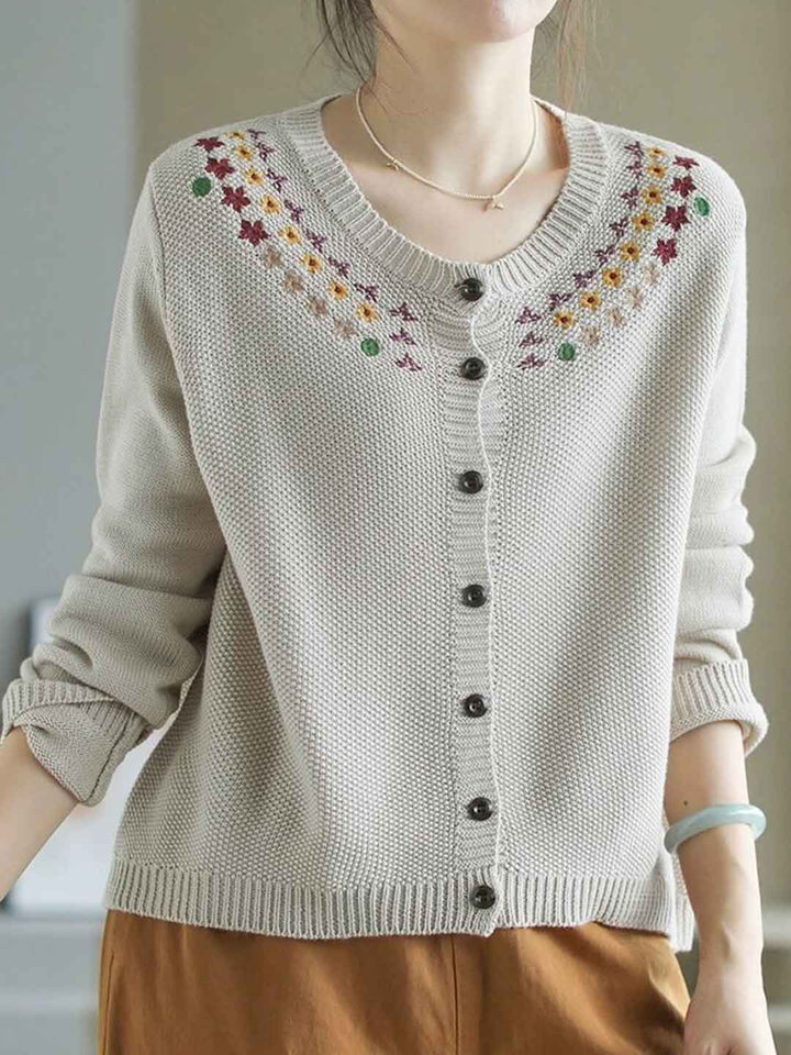 Sofia Casual Crew Neck Embroidered Knitted Cardigan