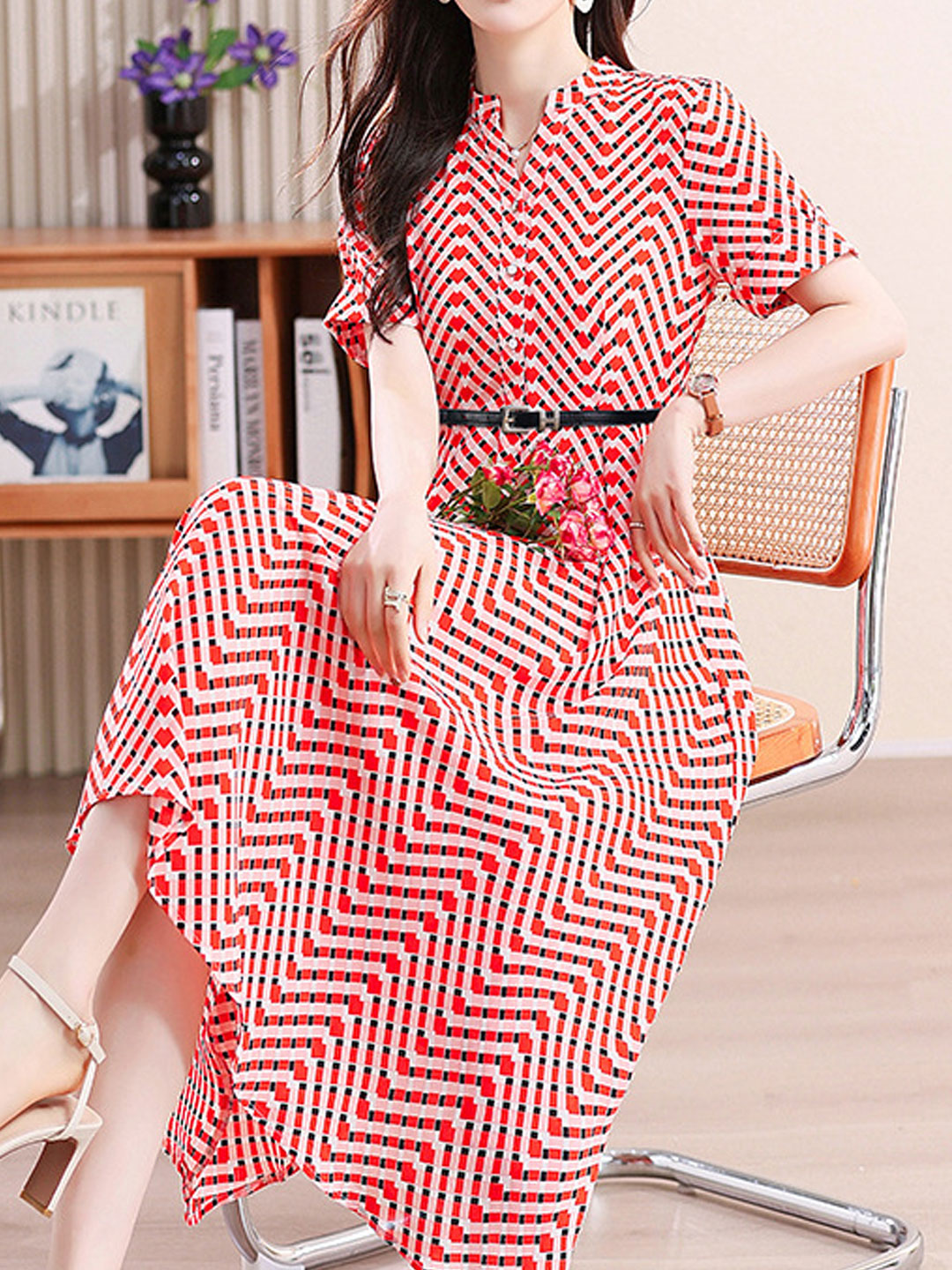 Ava Daily Stand-Up Collar Plaid Chiffon Dress