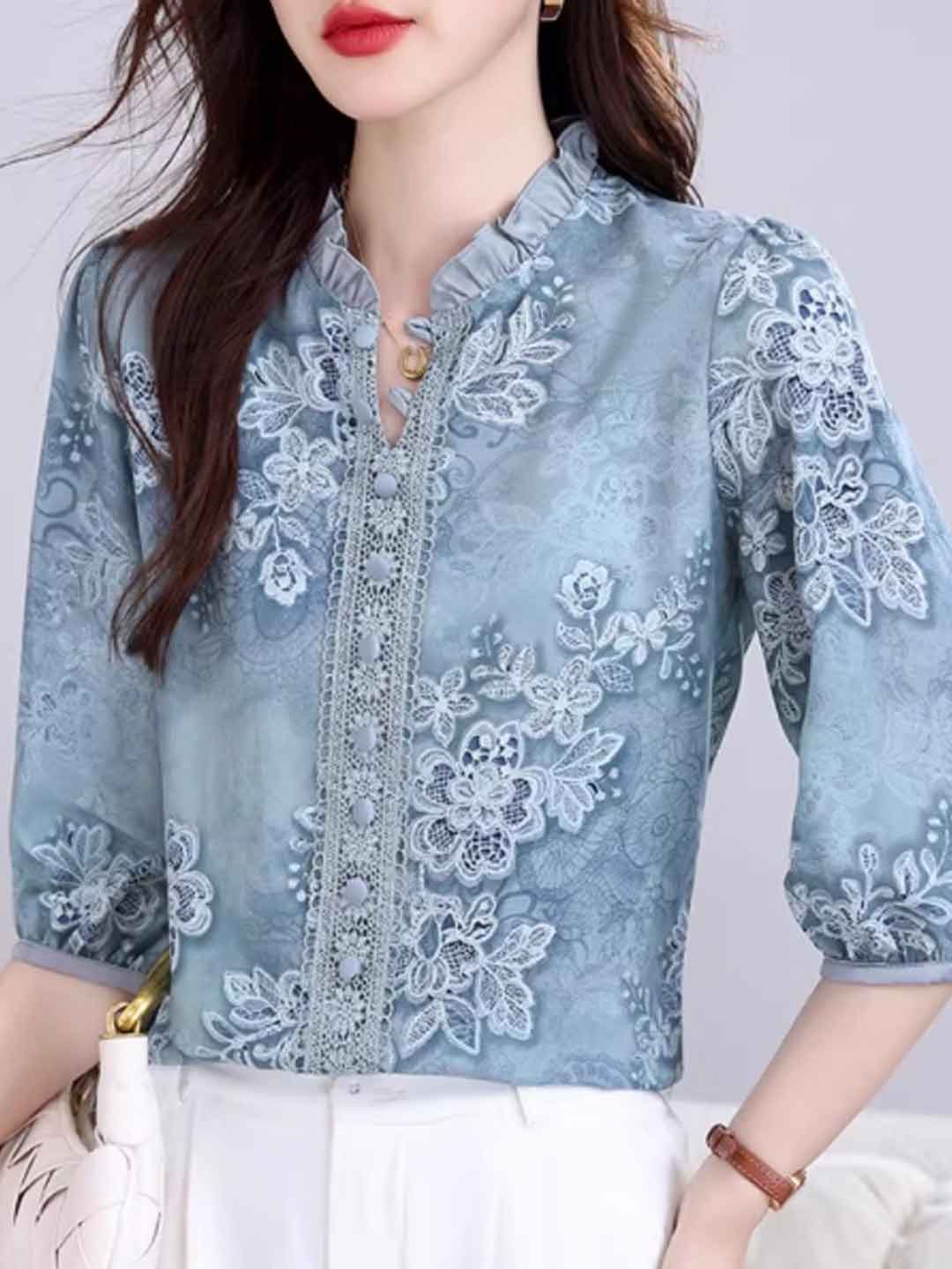 Taylor Classic Auricular Collar Printed Chiffon Top