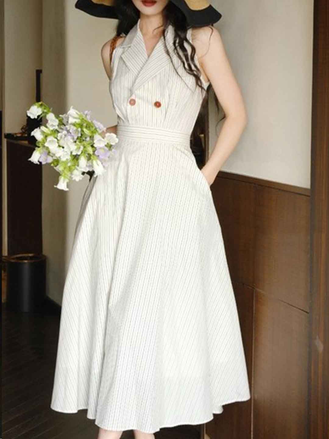 Victoria Elegant V-Neck Striped Shirt Dress