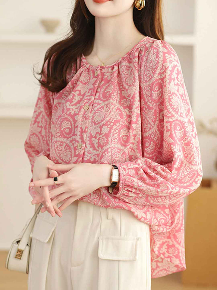 Olivia Loose Crew Neck Lantern Sleeve Floral Printed Top