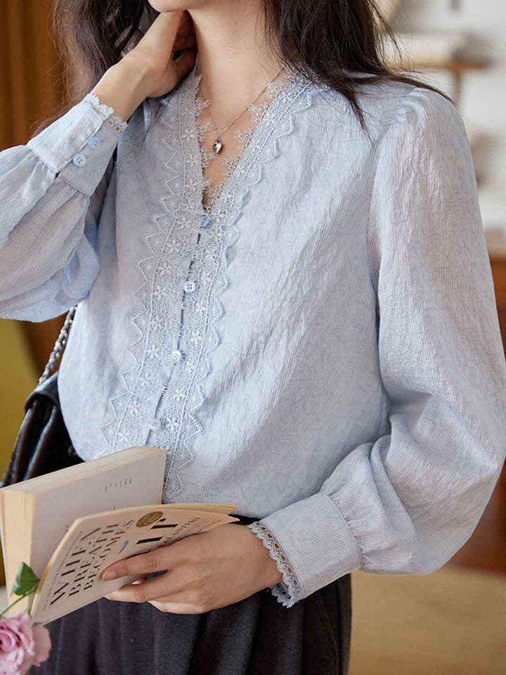 Riley Daily V-Neck Lace Jacquard Blouse