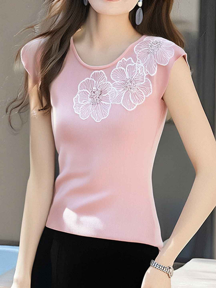 Brianna Casual Crew Neck Embroidered Beaded Knitted Vest