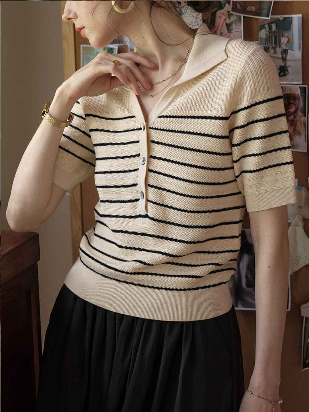 Anna Loose Polo Collar Striped Knitted Top