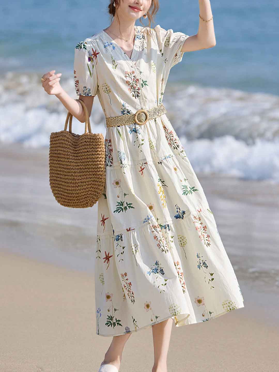 Brianna Vacation V-Neck Tie Floral Printed Dress