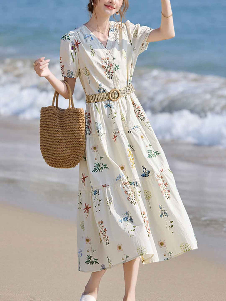 Brianna Vacation V-Neck Tie Floral Printed Dress