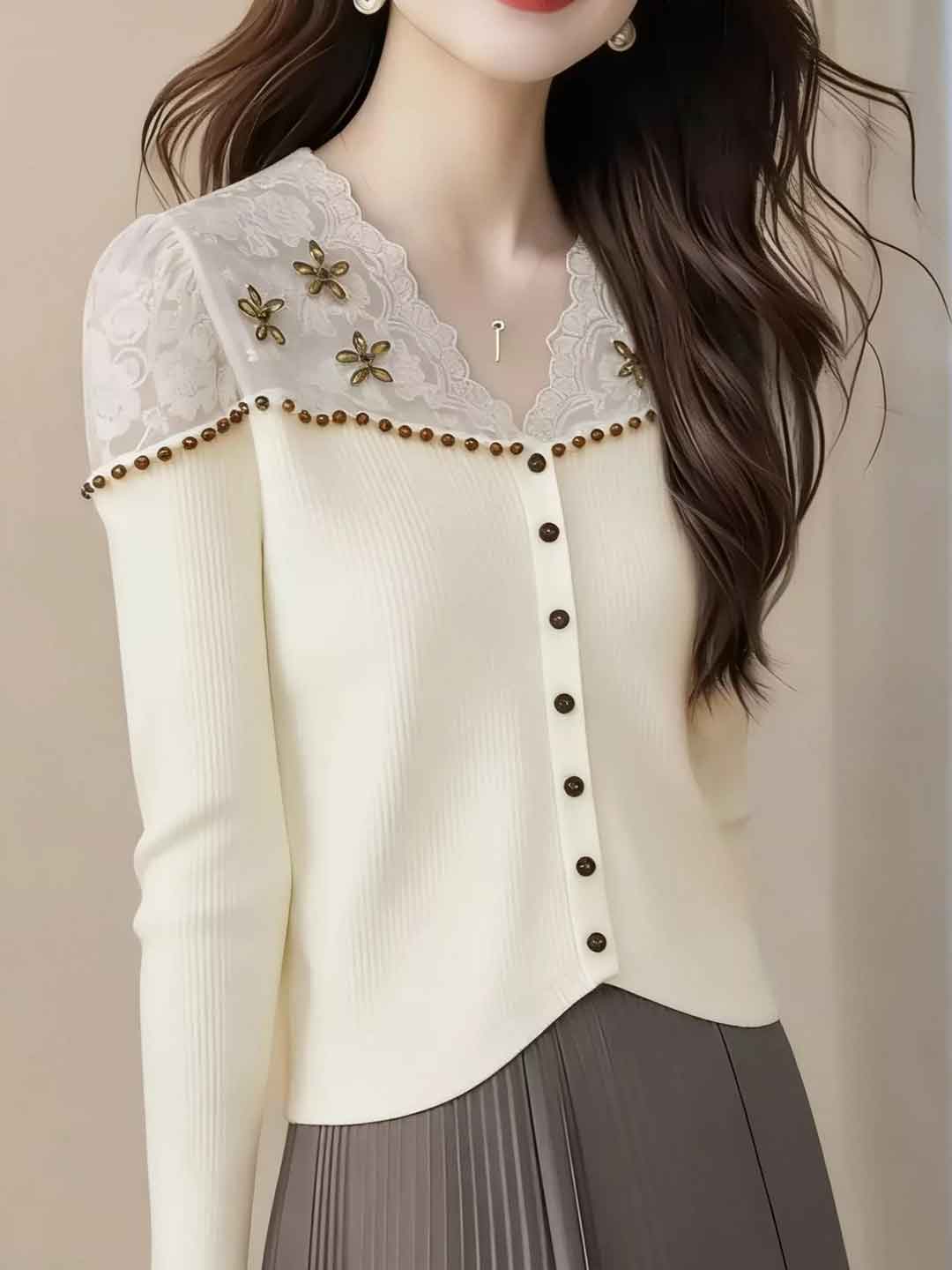 Arianna Slim V-Neck Rhinestone Lace Top