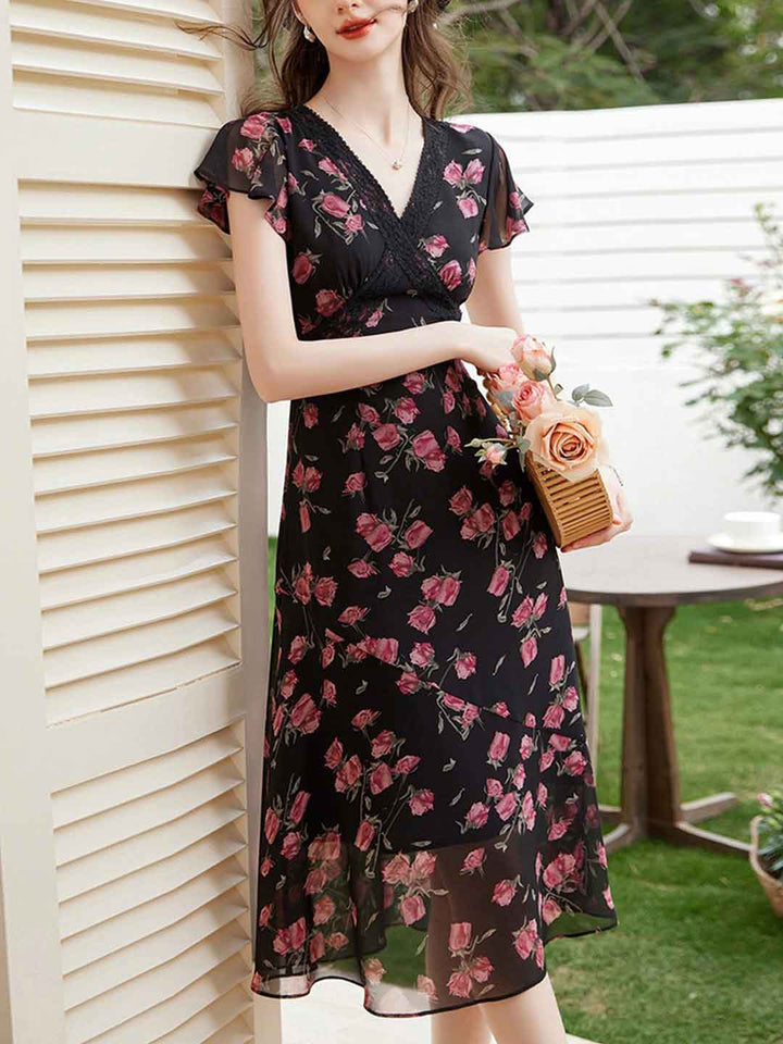 Elizabeth Retro V-Neck Color-Blocked Floral Dress