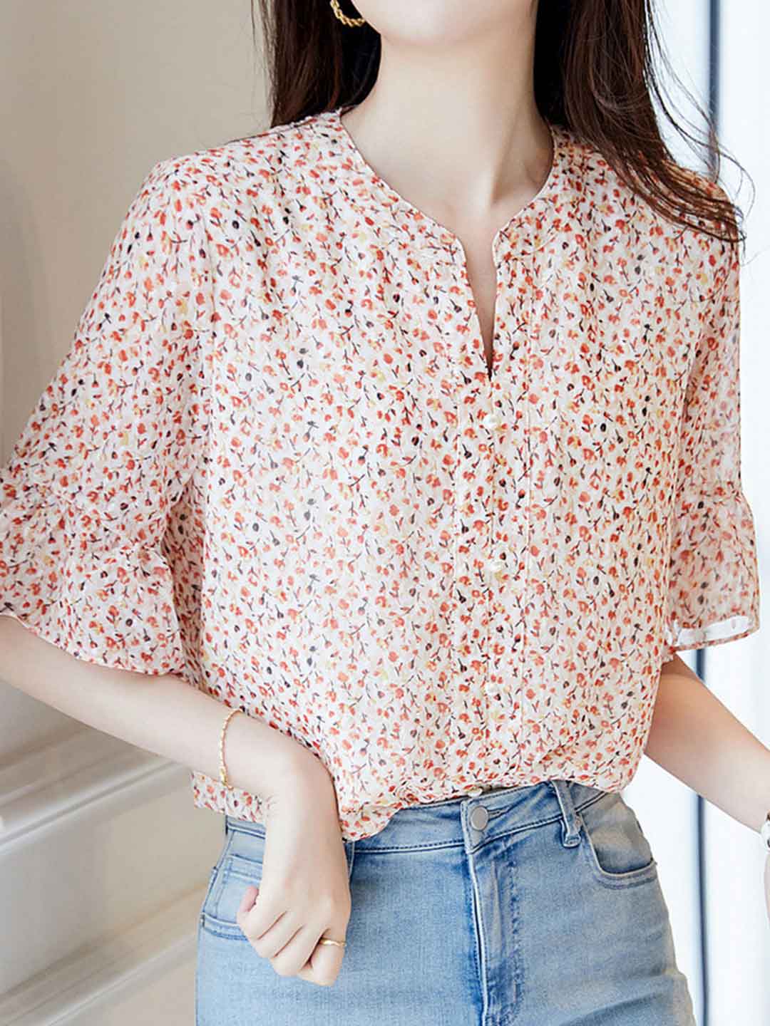 Victoria Casual Crew Neck Floral Chiffon Blouse