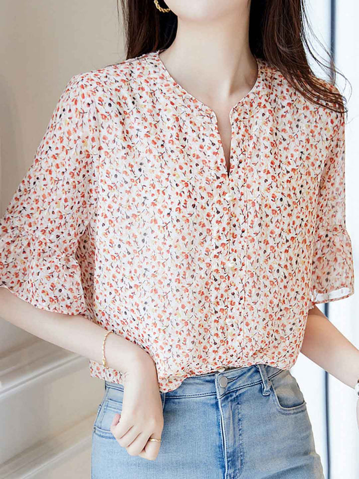 Victoria Casual Crew Neck Floral Chiffon Blouse