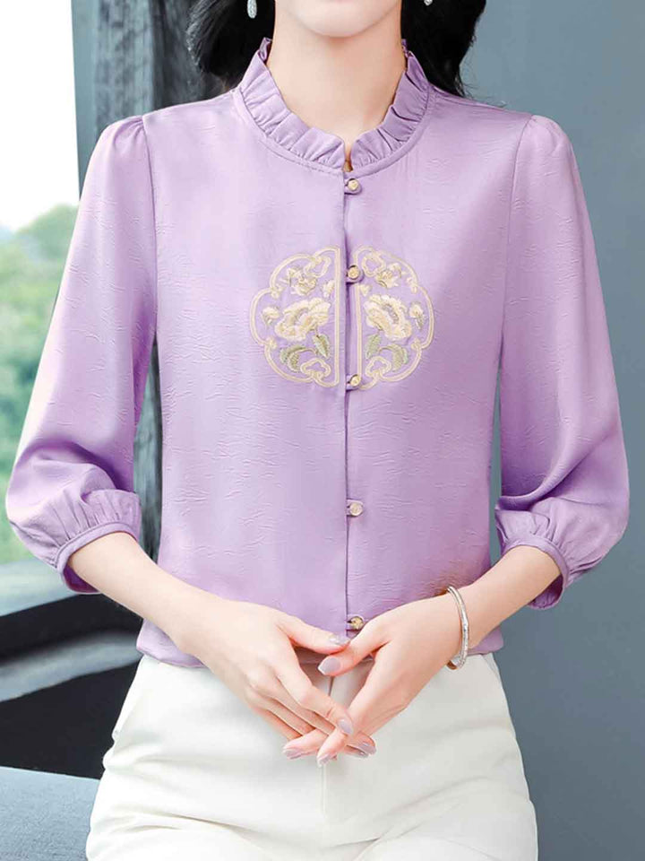 Mariah Loose Crew Neck Lantern Sleeve Auricular Embroidered Top-Purple