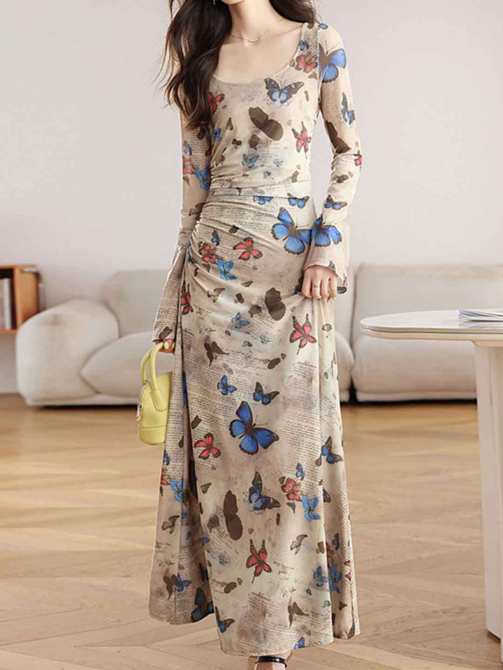 Addison Slim U-neck Butterfly Printed Pleated Dress
