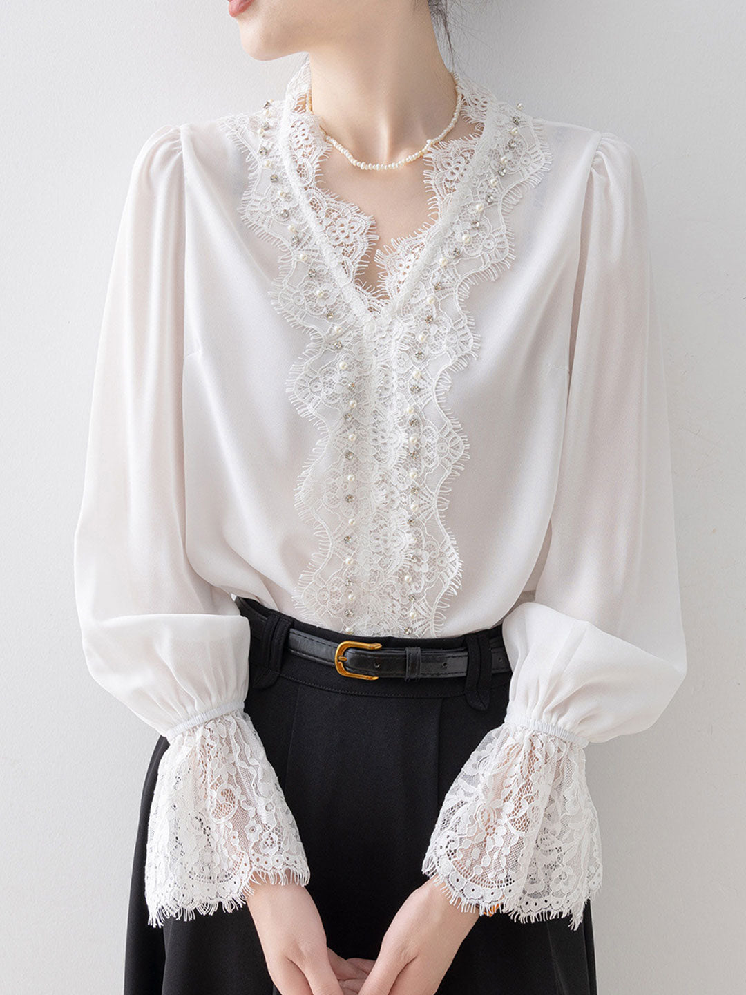 Lily Elegant V-Neck Lace Trimmed Blouse