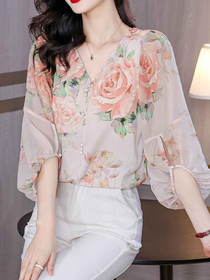 Caroline Loose V-Neck Lantern Sleeve Floral Chiffon Top