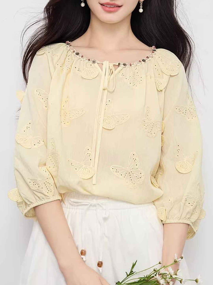 Olivia Retro Crew Neck Butterfly Embroidered Blouse