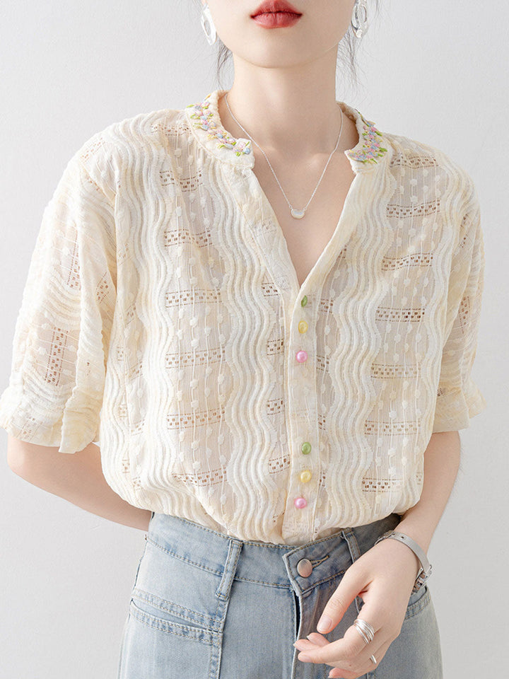 Mia Loose V-Neck Colorful Buttons Top