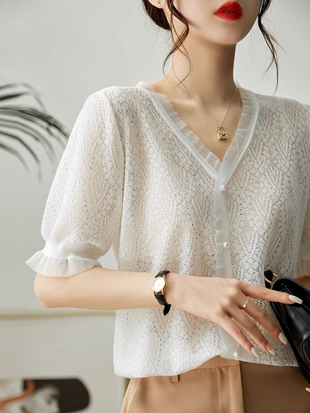 Kayla Elegant V-neck Auricular Knitted Sweater