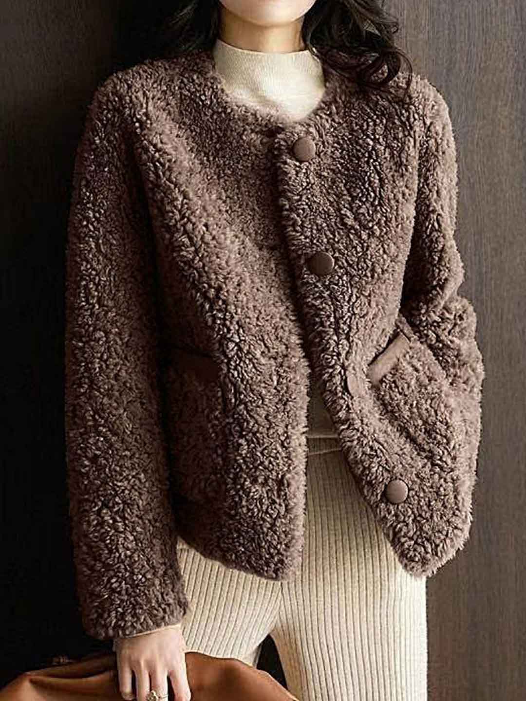 Riley Classic Crew Neck Solid Color Tweed Fleece Jacket