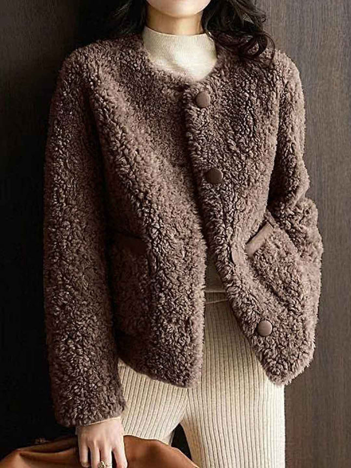 Riley Classic Crew Neck Solid Color Tweed Fleece Jacket