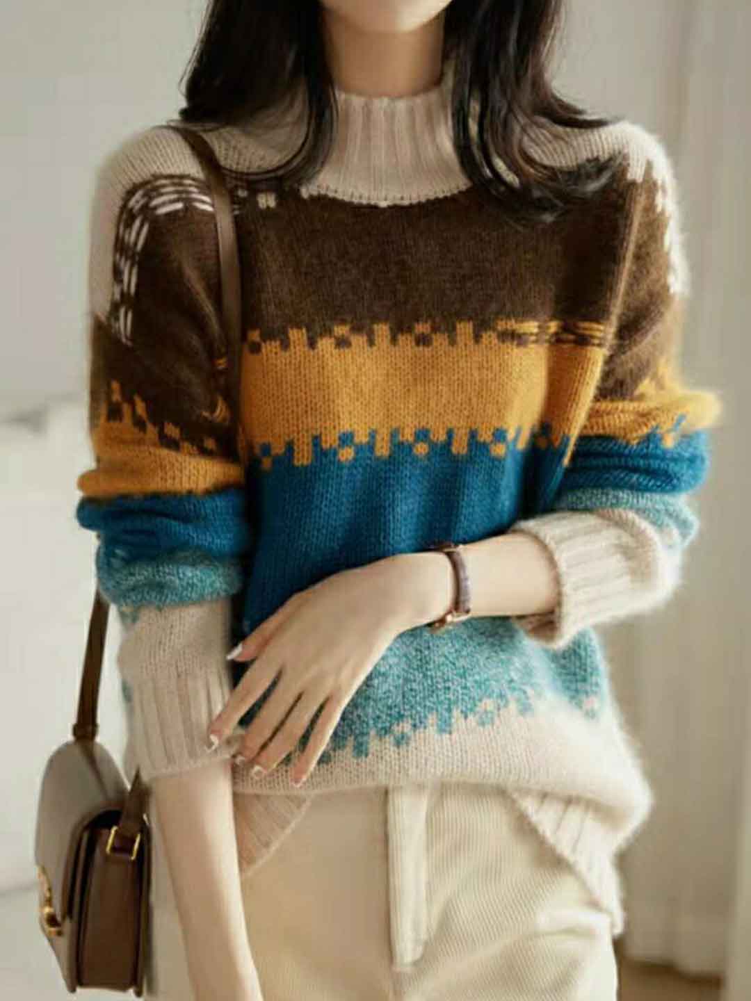 Brooke Classic Turtleneck Colorblocked Knitted Sweater