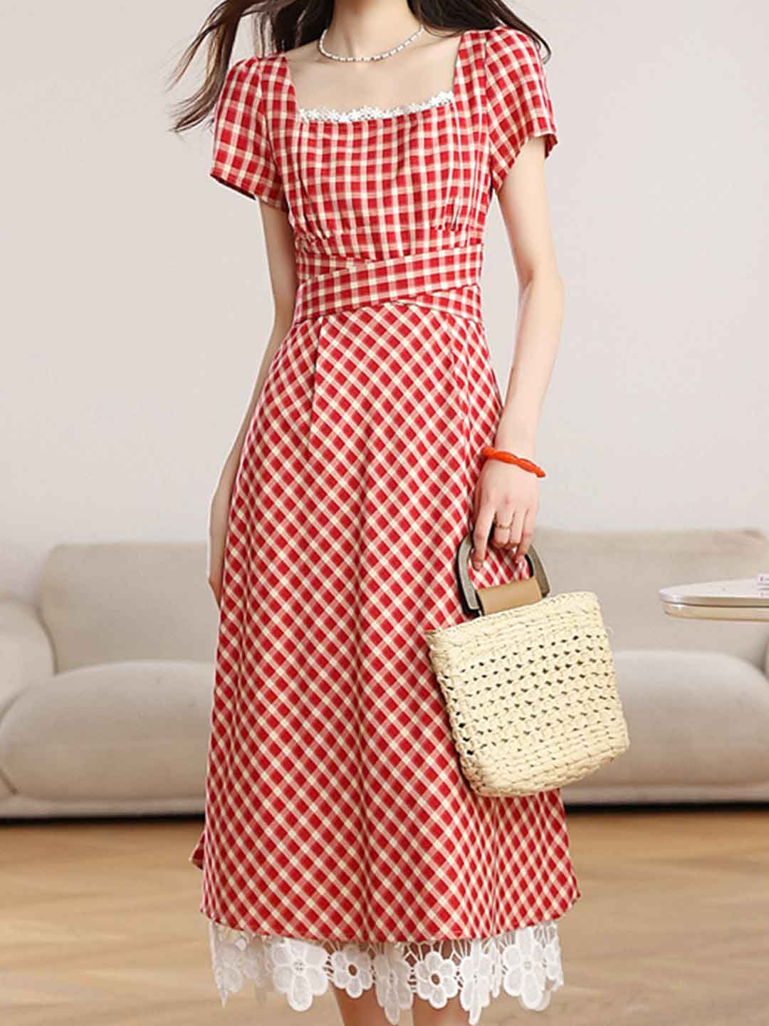 Riley Retro Square Neck Plaid Dress