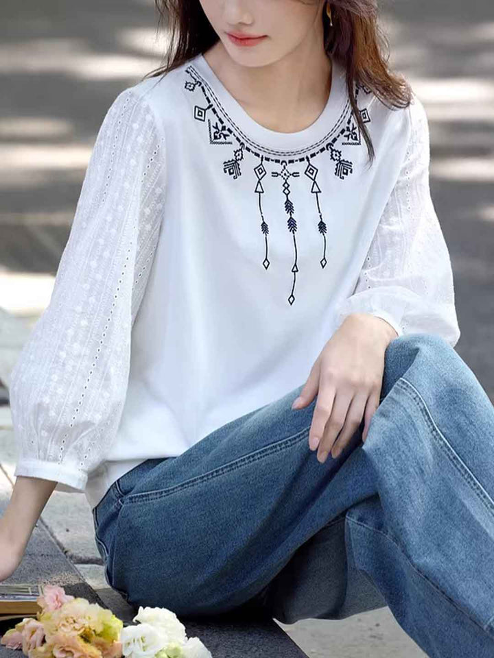 Isabella Loose Crew Neck Embroidered Top