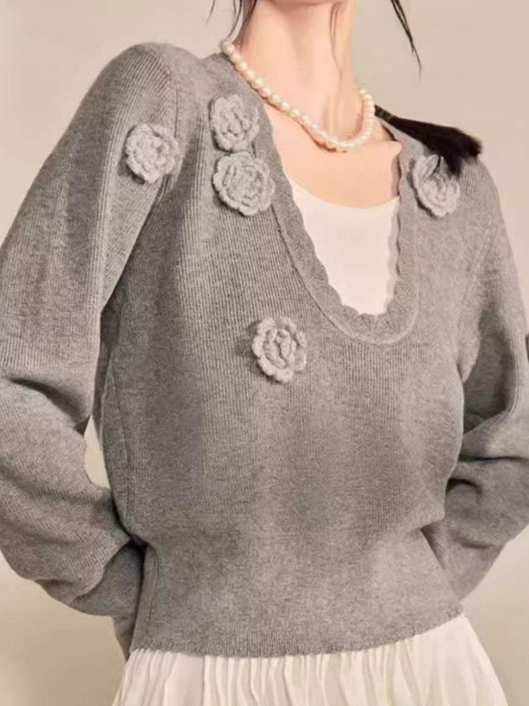 Brianna Elegant V-Neck Flower Knitted Top