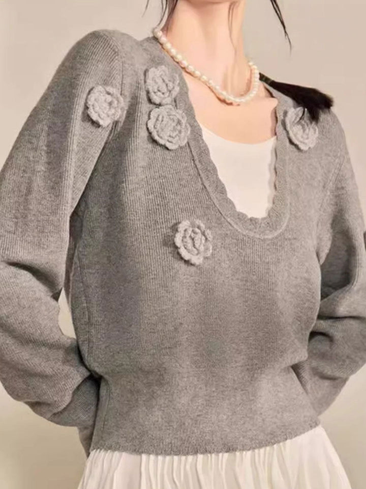 Brianna Elegant V-Neck Flower Knitted Top