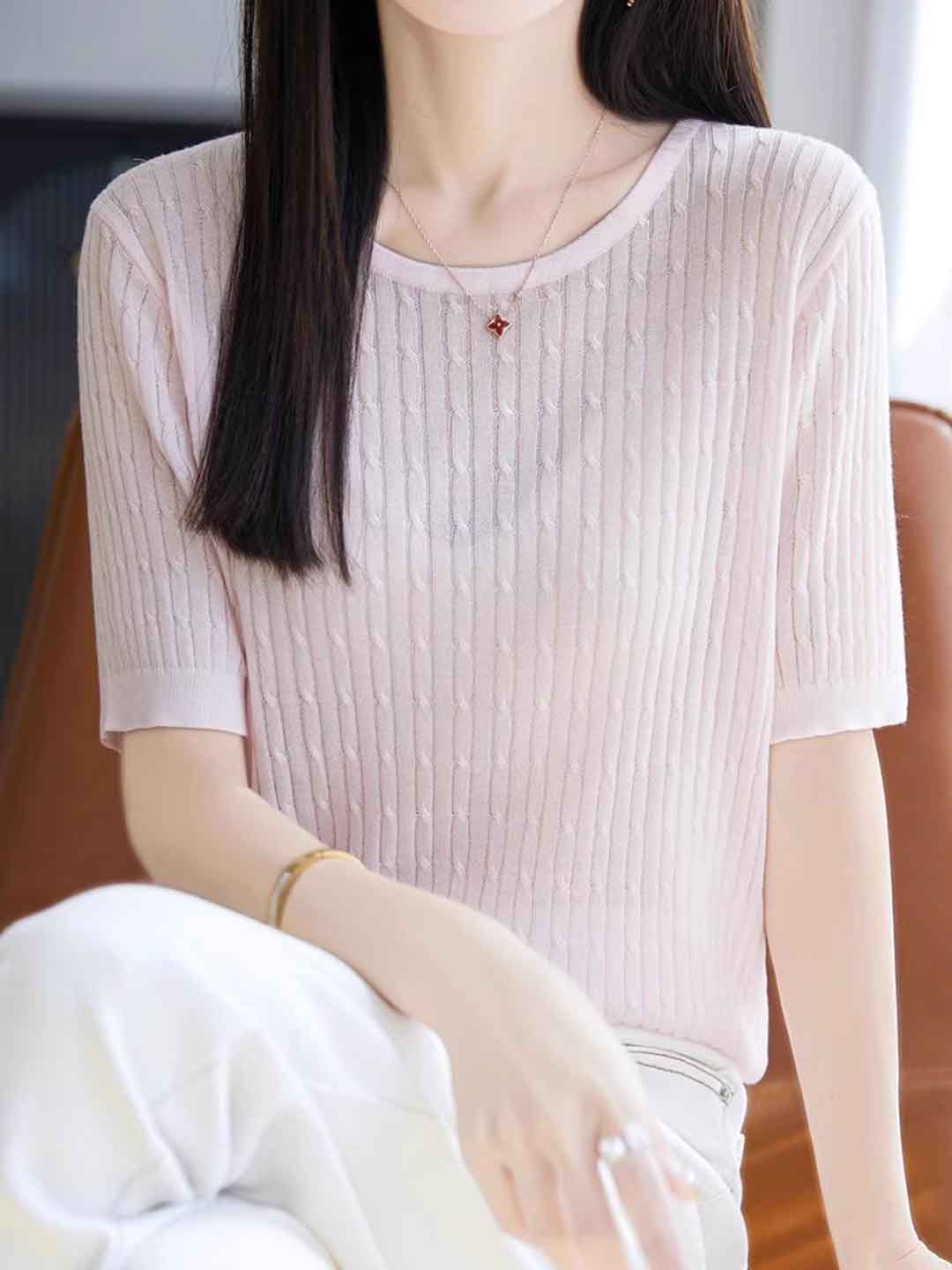 Sophie Loose Crew Neck Solid Color Cable Knitted Top