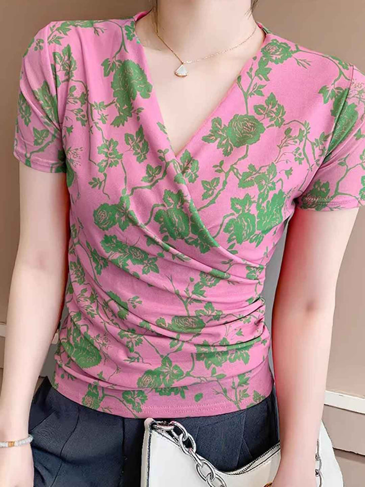 Ava Slim V-Neck Mesh Printed Top