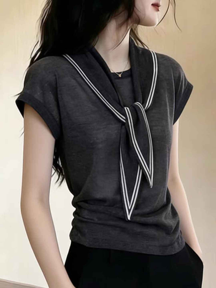 Ava Loose Crew Neck Solid Color Ribbon Knitted Top