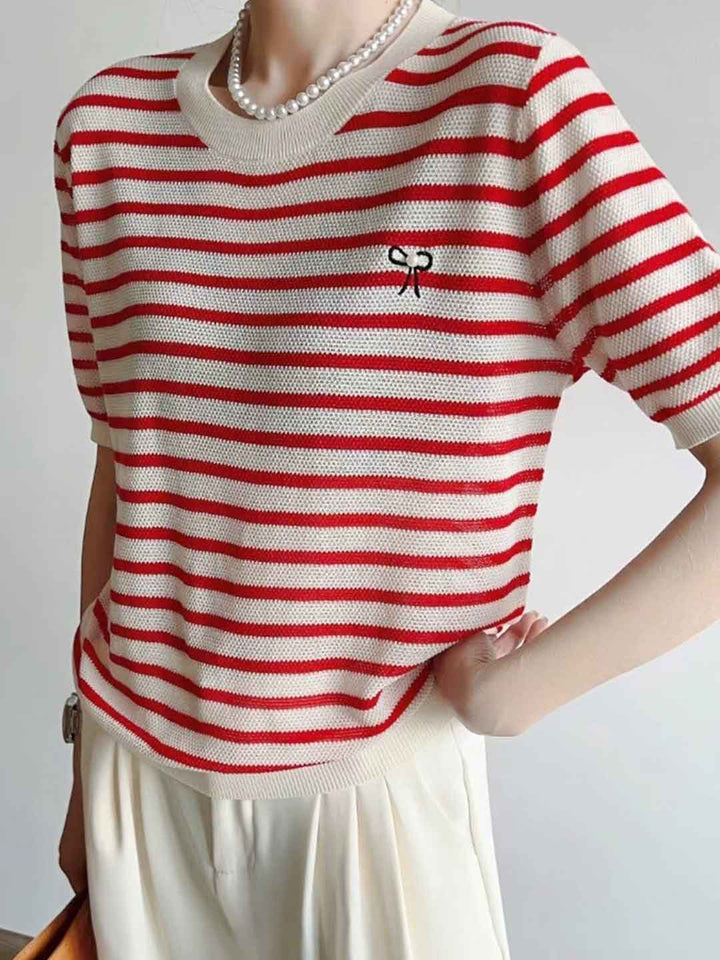 Grace Classic Crew Neck Striped Bow Beaded Knitted Top