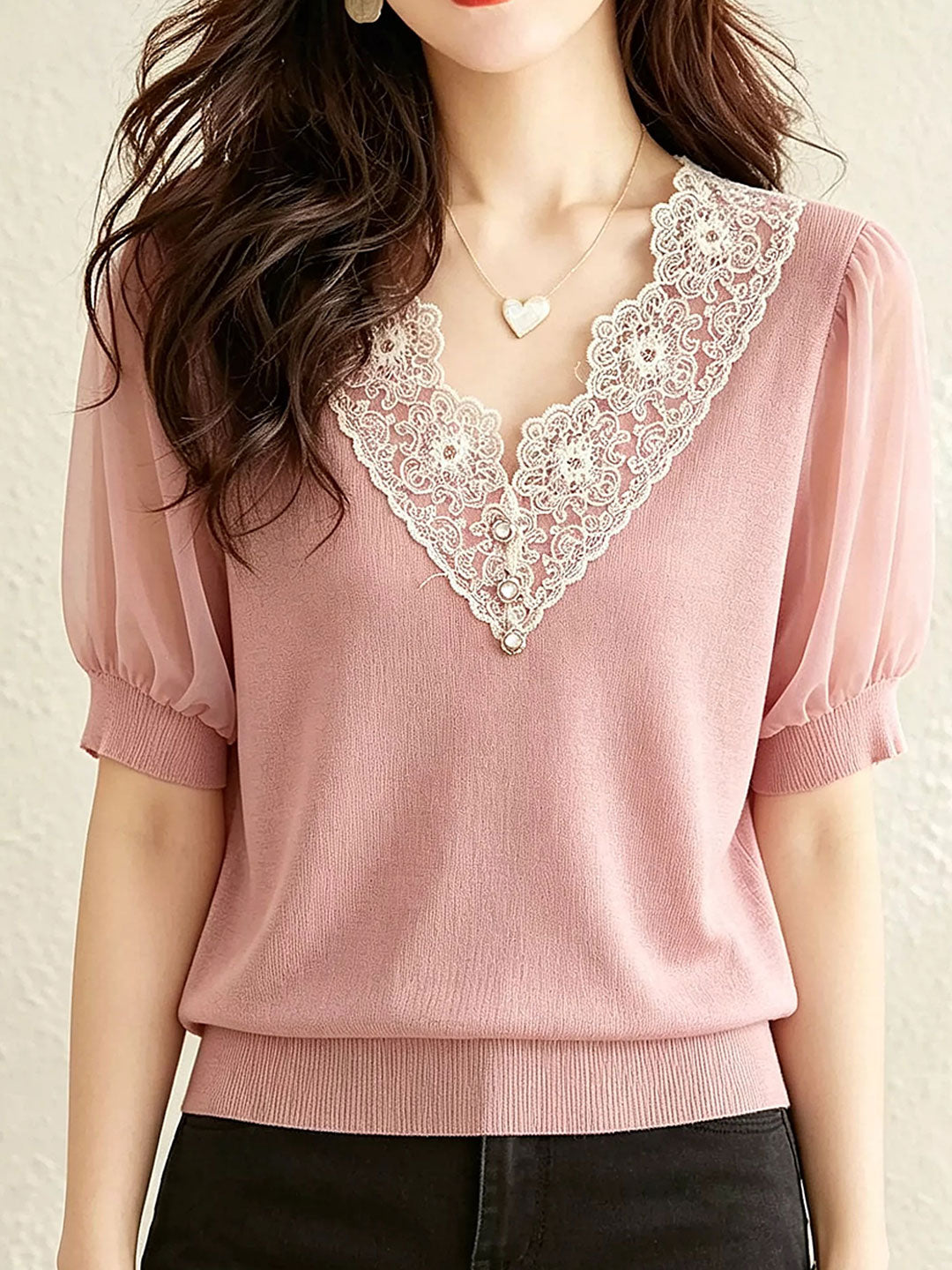 Zoey Casual V-Neck Lace Trimmed Top