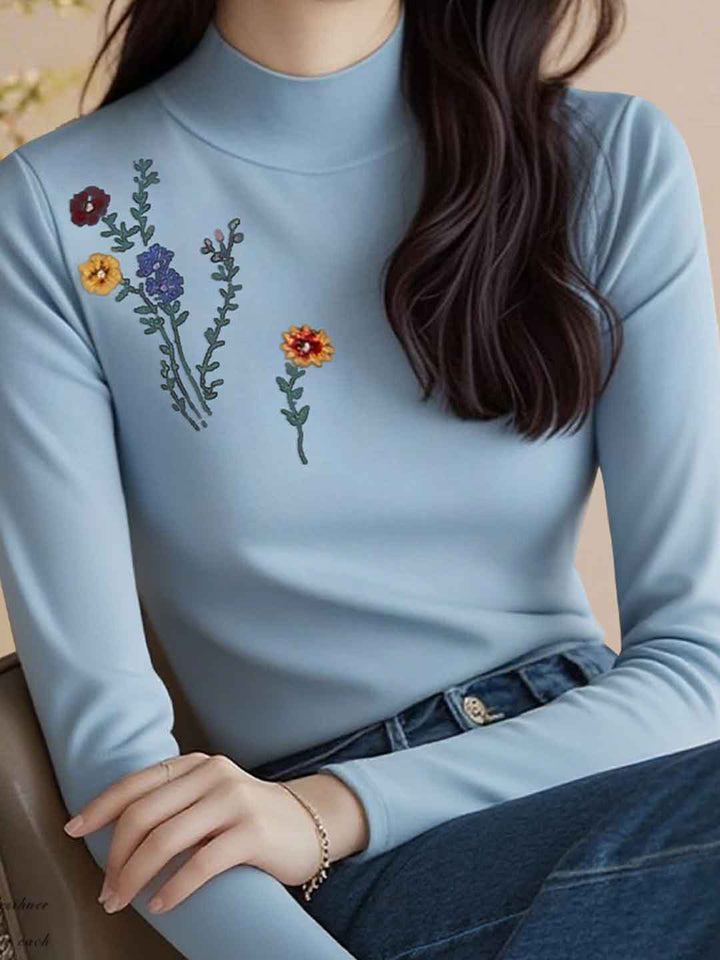 Lily Slim Turtleneck Embroidered Knitted Top