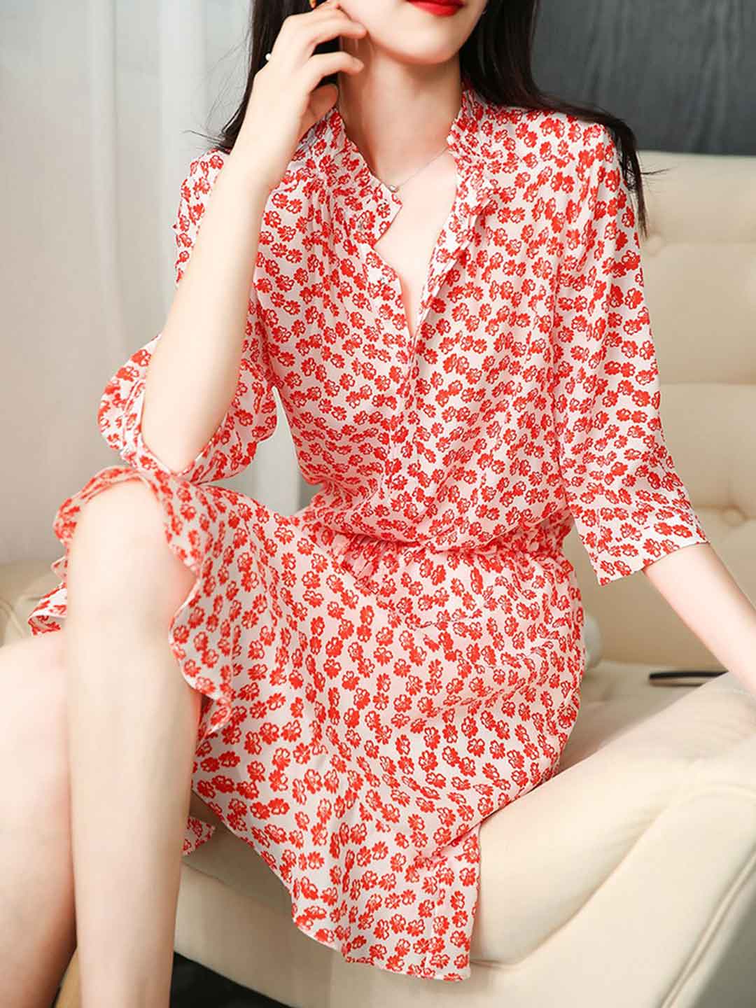 Emma Classic Stand Collar Floral Printed Dress