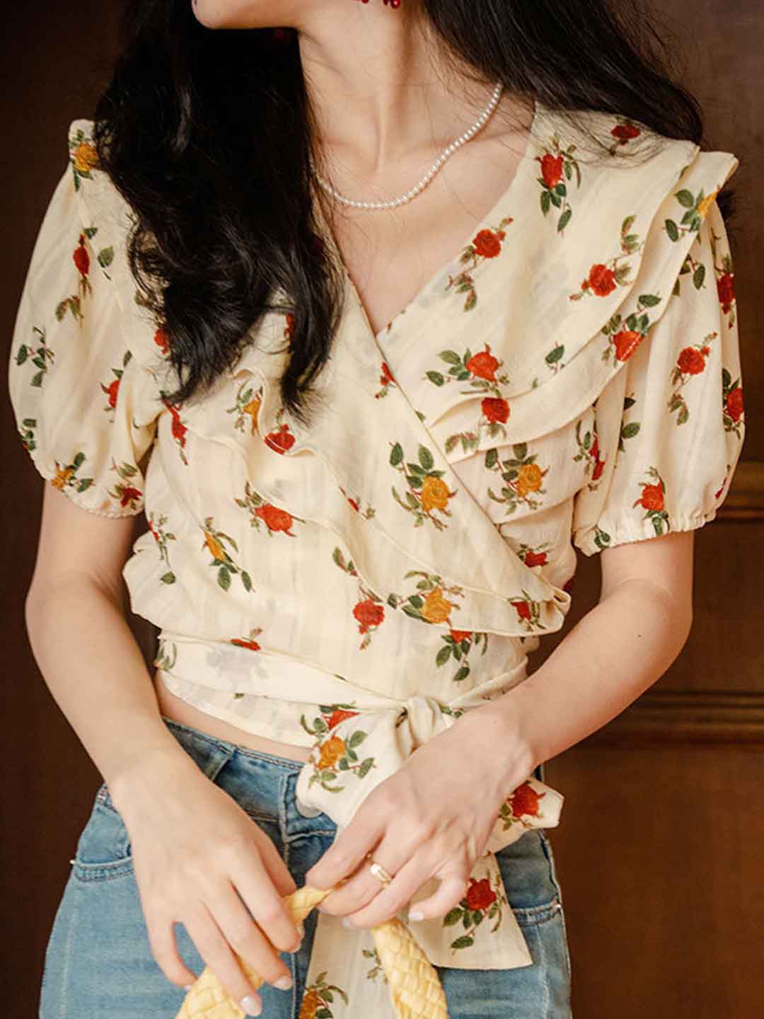 Addison Chic V-neck Waisted Floral Chiffon Top