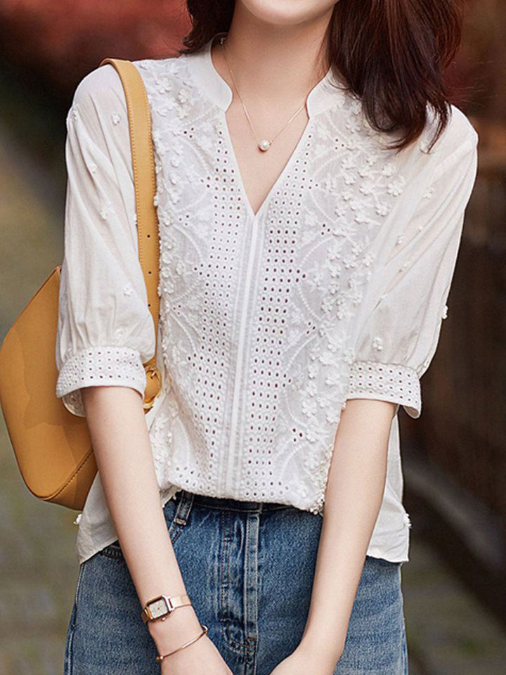 Brooke Classic V-Neck Puff Sleeve Hollowed Top