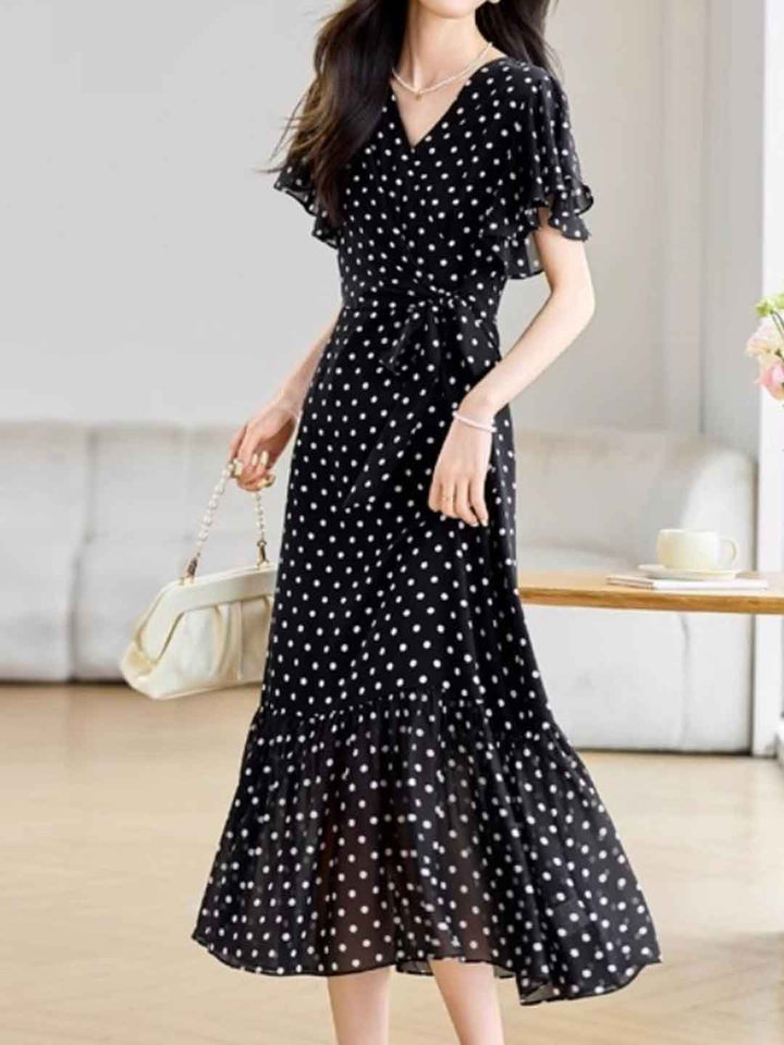 Grace Daily V-Neck Polka Dot Fishtail Chiffon Dress