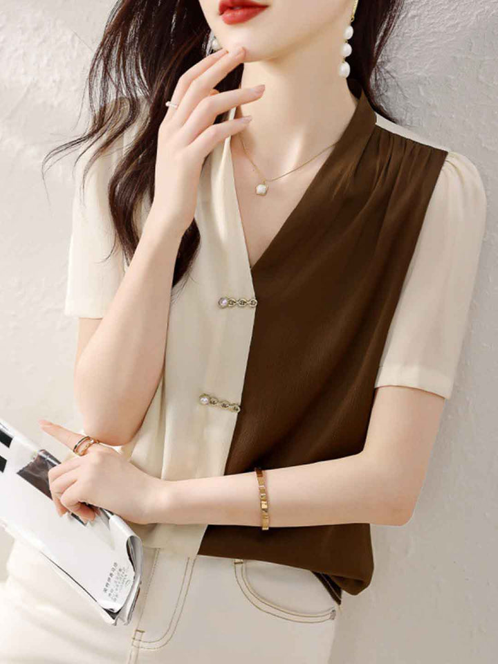 Rachel Classic V-Neck Puff Sleeve Contrasted Color Shirt