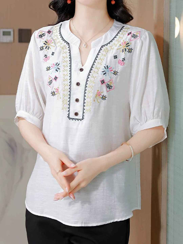 Hailey Loose V-Neck Puff Sleeve Embroidered Top