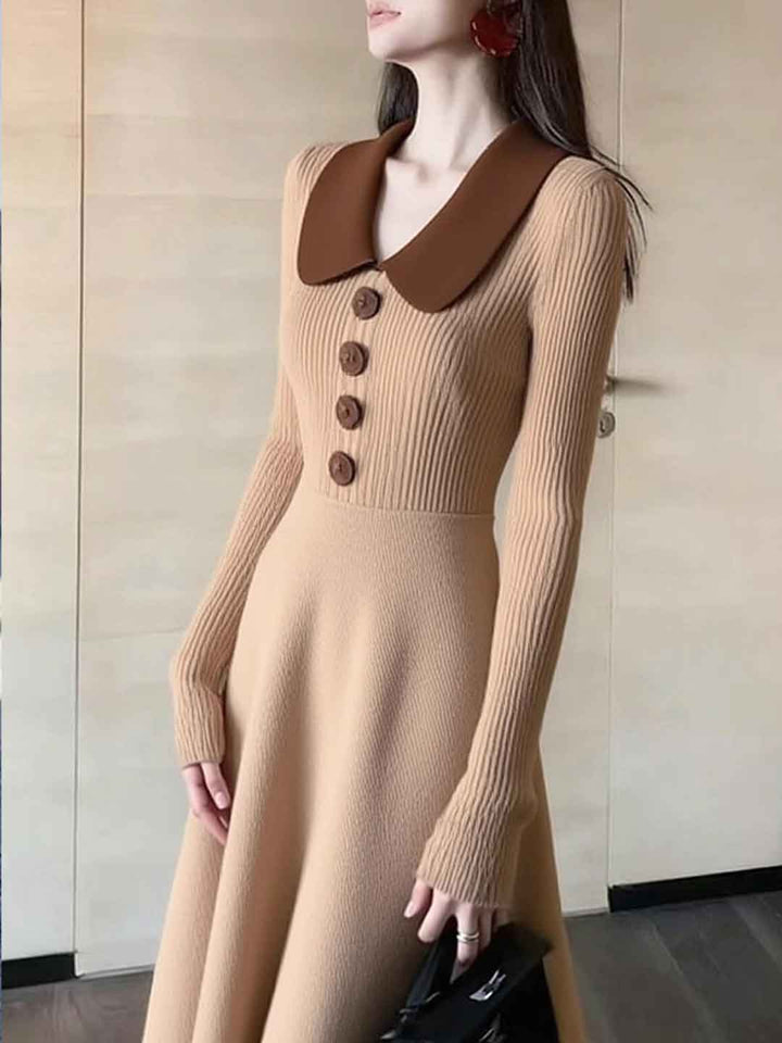 Grace Vacation Lapel Color-Blocked Knitted Dress