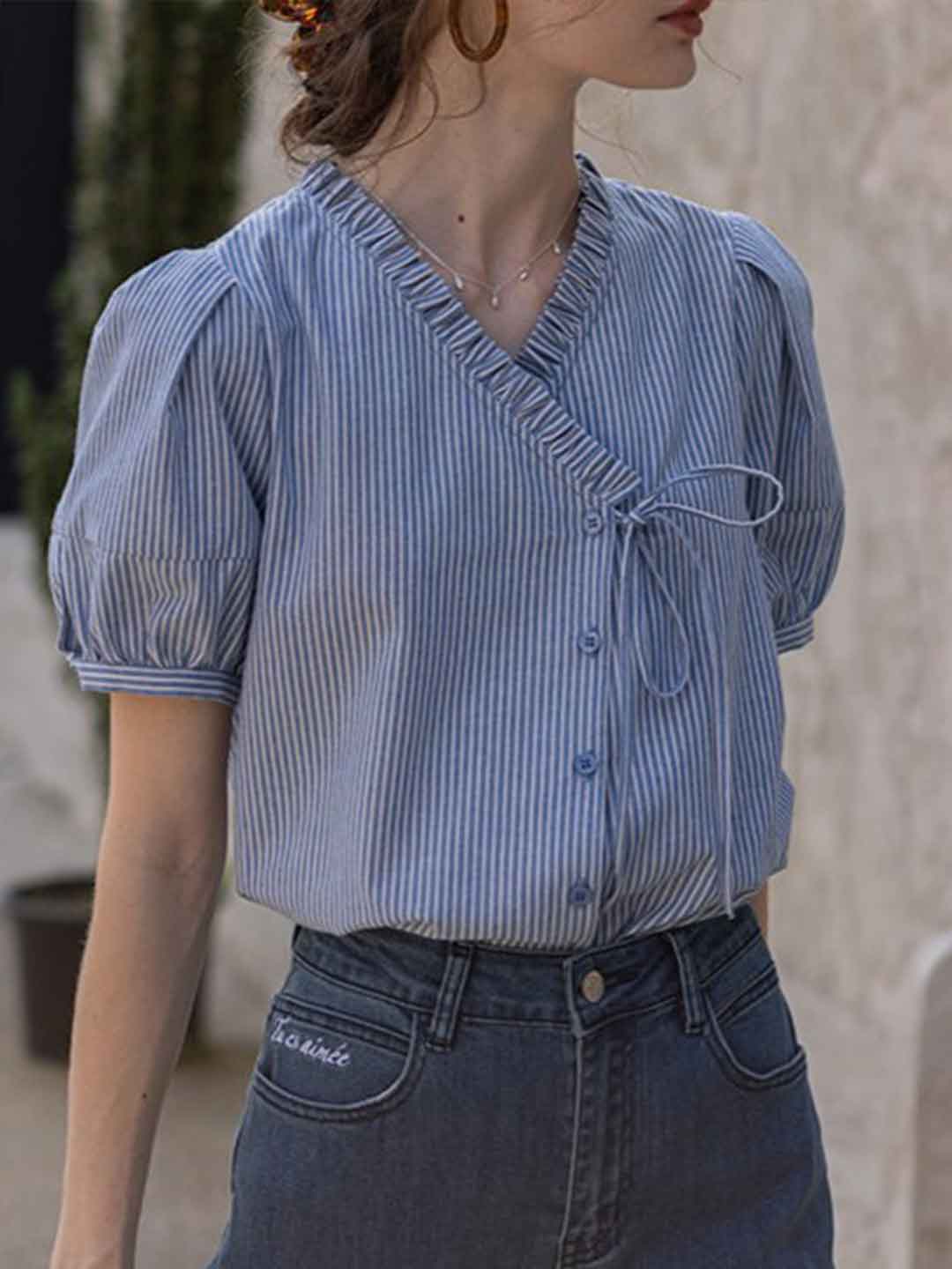 Sofia Retro V-neck Puff Sleeve Asymmetrical Top