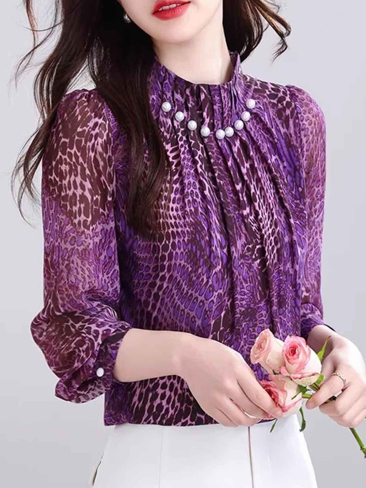 Avery Loose Stand Collar Beaded Printed Top